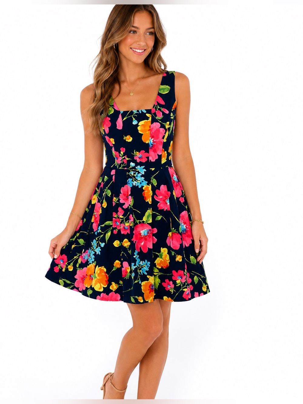Floral Sleeveless Dress Box Pleats Princess Seams Crew Neckline Size 4